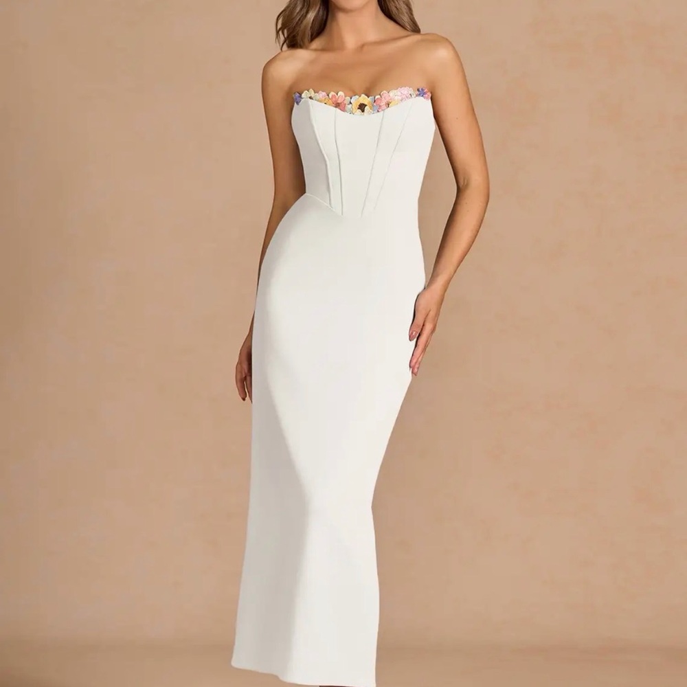 Azazie Strapless White Dress with Pastel Floral Trim - Picture 1 of 3